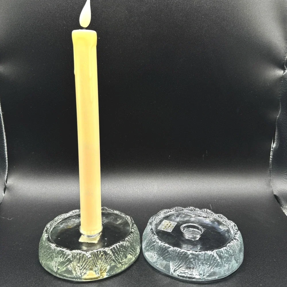 Vintage Viking Glass Candle Holders Lot of 2 Textured Shell Pattern MCM‎ Rare